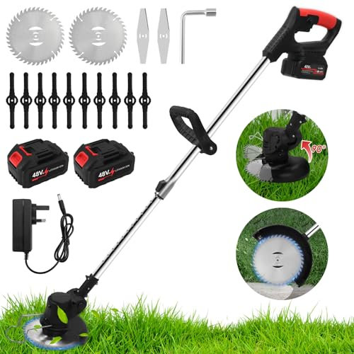 Garden Strimmer Cordless, Electric Strimmer with 2 Replaceable Battery and Charger, Lawn Edger Tool Adjustable Height,90° Head Rotation,3 Types Blades, for Outdoor Gardens Trimming Grass Weed