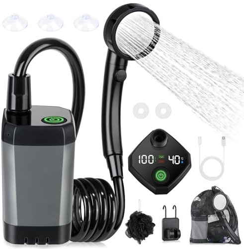 Spopal Camping Douche Portable, [Imperméable] Kit Douche de Camping,Pompe de Douche Électrique Rechargeable,6000mAh, avec Afficheur Intelligent et Pomme de Douche 4 Modes pour Extérieure,Camping