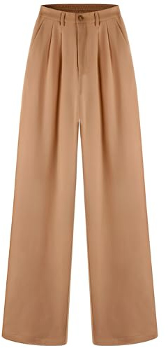 Tronjori Pantalon Habillé Taille Haute Décontracté à Jambe Droite pour Femme - Pantalon de Travail et de Costume avec Ceinture Élastique dans Le Dos, Marron, Taille M