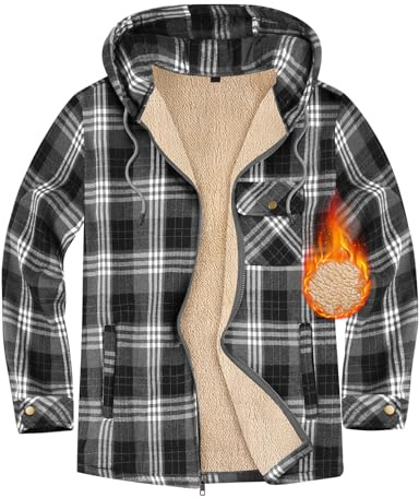 Xnova Sudaderas con Capucha Hombre Cremallera Chaquetas Cuadros de Forro Polar Cazadora Franela Invierno Cálido Camisa Cuadros Manga Larga, Gris, L