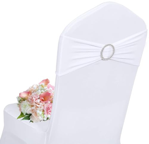 AIRIT LOVELY Paquete de 30 bandas blancas de elastano para sillas, lazos blancos para sillas, bandas elásticas con hebilla deslizante para decoración de bodas, banquetes, fiestas