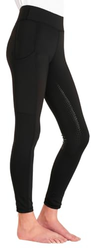 Kids Equestrian Riding Tights - Full Silicone Seat Grip - 4-Way Stretch Fabric - Dual Phone Pockets - Deep Elastic Waistband - Durable Polyester & Elastane Blend - Machine Washable - Black - 9-10YR