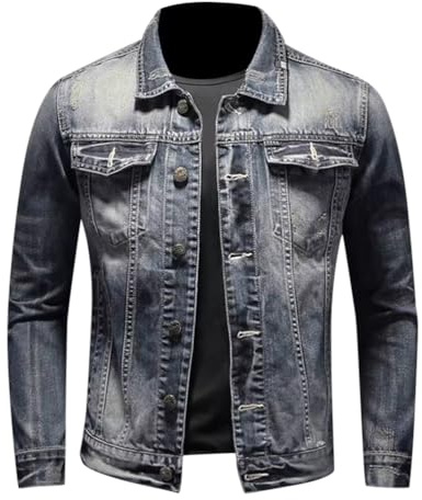 Minetom Giacca di Jeans Uomo Vintage Giubbotto Casual Denim Giubbino Slim Fit Jacket con Botonni E Tasche Primavera E Autunno D Grigio Blu L