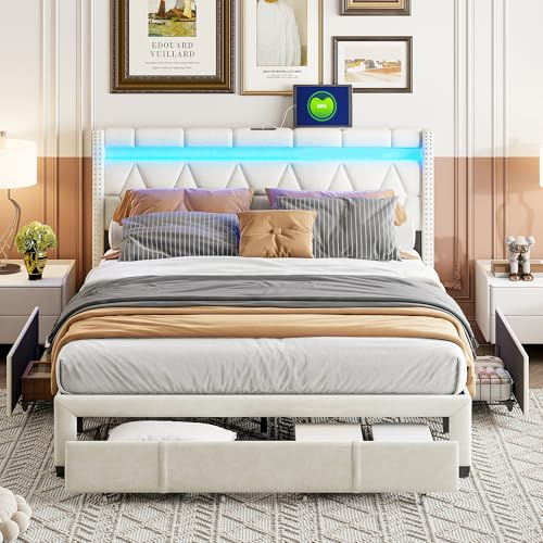 BLSYHDH - Cama Doble con Maletero 160 x 200, Cabecero Acolchado con 4 Cajones para Almacenamiento, LED, para 2 Personas (Beige)
