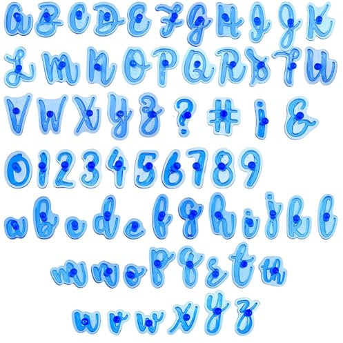 SUNNYCLUE 66Pcs Letter Cake Stamps Number Cookie Stamp Blue Plastic Fondant Handwriting Characters Alphabets Numbers Upper Lower Case Print Cutters Embossed Tool for DIY Cakes Chocolate Baking Decor