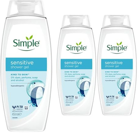 Simple Kind to Skin Sensitive Shower Gel Kind Care (3 x 450ml) - Ultra-Gentle & Soap-Free Body Cleanser, Hypoallergenic Sensitive Skin Bath Wash, Vegan Daily Use Multipack