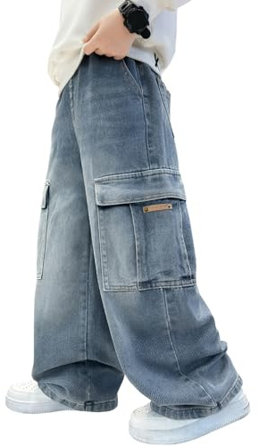 Happy Cherry Jeans Cargo Bambino Ragazzi Pantaloni Larghi Denim Cotone Comodi Primavera Autunno Loose Fit Pants Azzurro con Tasche Multiple 11-12 Anni