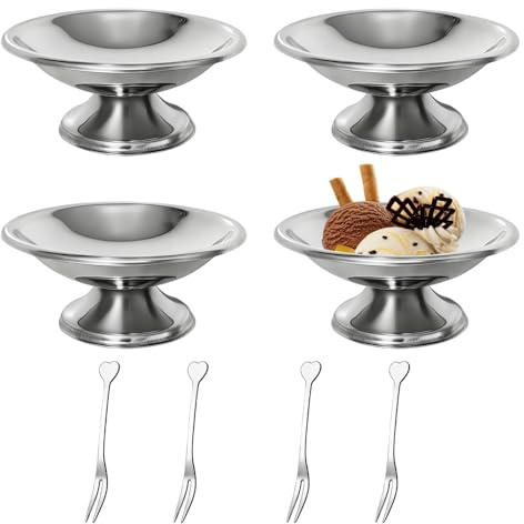 DONGKER Cuenco de helado, 4 cuencos de postre reutilizables de acero inoxidable con base y 4 tenedores de corazón para ensalada de frutas, yogur, pudín, cóctel, condimento