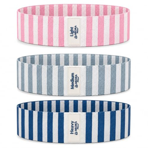 Neora Mouv' Set de 3 Bandes de Résistance en Tissu Antidérapant - Design Marinière Exclusif - 3 Niveaux de Résistance Light Medium Heavy - Fitness, Pilates, Fessiers et Jambes
