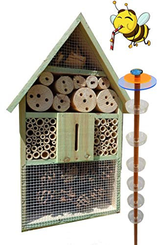 Ölbaum Nistkästen blau hellblau als Gartendeko-Stecker als funktionale Bienentränke + 1x BIENENHAUS Insektenhaus,XXL Bienenstock & Florfliegen Marienkäferhaus