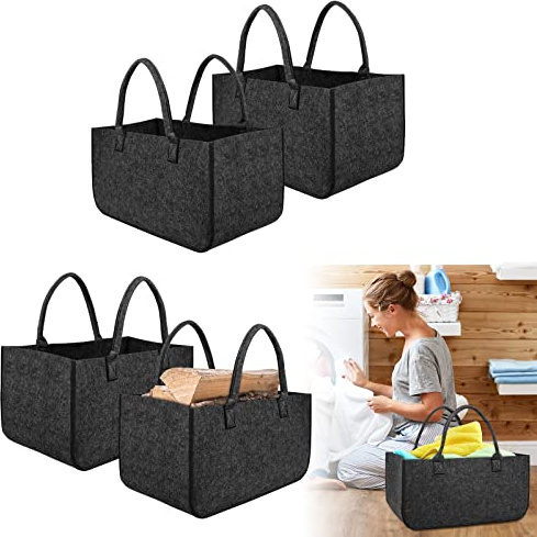 LZQ 4 stycken stora filtpåsar filtpåsar vedkorg filtväska shopper vikbar filt kan användas som en kaminträväska, shoppingväskor, bokväskor (mörkgrå)