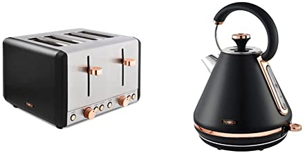 Tower T20051RG Cavaletto 4-Slice Toaster with Defrost/Reheat, Black and Rose Gold & T10044RG Cavaletto Pyramid Kettle with Fast Boil, Detachable Filter, 1.7 Litre, 3000 W, Black and Rose Gold