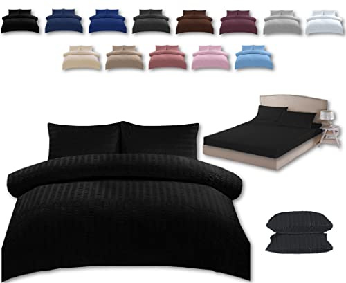 TheWhiteWater Single Duvet Cover Set - 3 in 1 Single Bedding Set - Duvet Cover + Fitted Sheet + Matching Pillowcase - Natural Cotton + Virgin Polyester - Seersucker Pattern (Black, Single - 3in1)