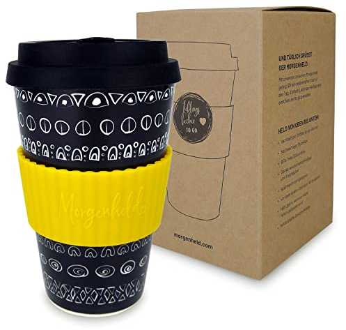 Morgenheld Tazza da Caffè da Asporto Blacky Sun 380ml Porcellana Mug takeaway con tappo in silicone, senza BPA, Coffee-to-go Cup da Viaggio con coperchio, Perfetta per caffè tè e in movimento