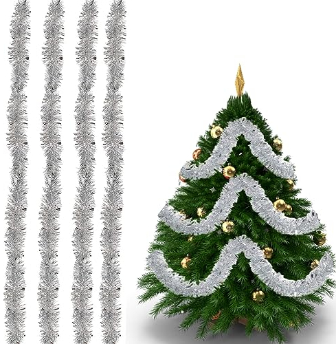 Weihnachten Lametta Girlande - Glitzernd Weihnachtsgirlande für Innen-Und Außen, Weihnachtsdekoration für Weihnachtsbaum Und Weihnachtsfeier, Silber
