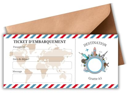 EVTI Carte à gratter voyage surprise, Billet avion annonce Personnalisable, Boarding pass, Carte embarquement personnalisable à offrir, idée Cadeau personnalisée pour Anniversaire EVJF fête