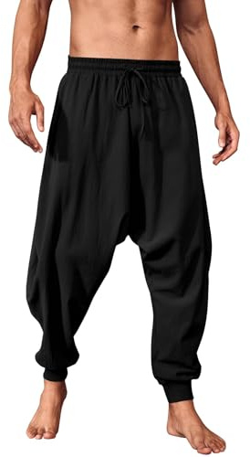 Runcati Pantaloni da uomo tinta unita pantaloni estivi vichinghi pirata medievali leggeri elastici vita baggy con coulisse e tasche, Nero, M