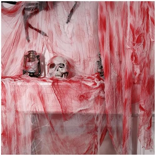 Décoration d'Halloween en gaze rouge 500 x 215 cm, effrayante avec faux sang, décoration effrayante, décoration effrayante, toile d'araignée, pour les portes, les rideaux de douche, les vérandas, les