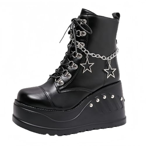 Maimeili Women's Gothic Platform Combat Boots with Bat Wings Lace-up with Buckle Straps Ankle Boot Chunky Platform Sole Fashion Studded Motorcycle Boots