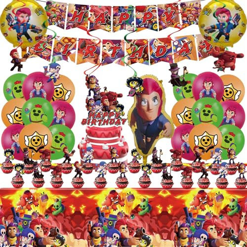 Set di decorazioni per feste a tema videogiochi per bambini, 54 pezzi, Include tovaglia, Striscione, palloncini con personaggi dei cartoni animati e decorazioni per cupcake