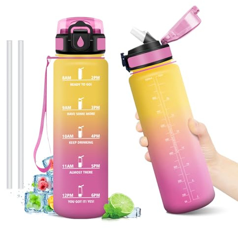Borraccia 1 Litro, Bottiglia con Cannuccia, Borraccia senza BPA, Riutilizzabile, Bottiglia Motivazionale con Indicatore del Tempo, A Prova di Perdite, Borracce ideale per Scuola, Ufficio, Campeggio