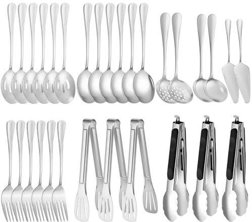 ZLMTZDJD 30pcs Stainless Steel Serving Utensils Set for Parties& Buffets, Catering, Banquets, Weddings and Events (Silver)