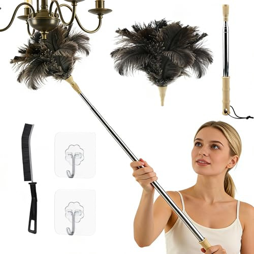 Duster Ostrich Feathers, 125CM Spolverino Telescopico in Piume di Struzzo, Spolverino per la Pulizia, Lavabile, con gancio e Spazzola per Fessure, Piume di Struzzo Antistatiche