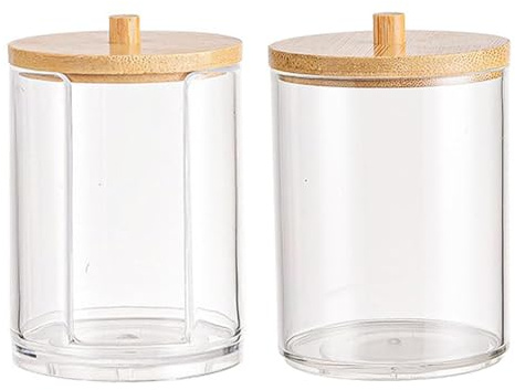 Nolvireth 2Pcs Cotton Pad Storage Containers with Bamboo Lids, Makeup Organizer Dispenser for Bathroom, Cotton Ball, Floss, Hair Clips Holder