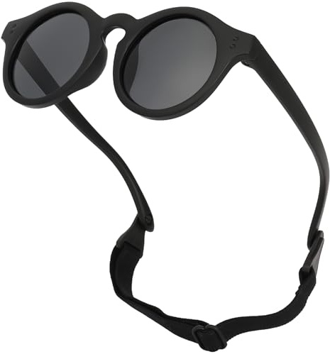 LOJUDI Polarised Baby Sunglasses 0-36 Months - with Adjustable Strap Round Silicone Frame for Newborn Infant Toddler UV Protection Sun Glasses Age 0-3 Years Girl Boy - Black/Black