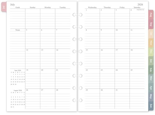 2026-2027 Monthly Planner Refill, Jul. 2026 - Dec. 2027, A5 Medium Size Planner Inserts for 8-Disc Discbound, 5.5x8.5, 18 Monthly Calendars with Colorful Laminated Tabs
