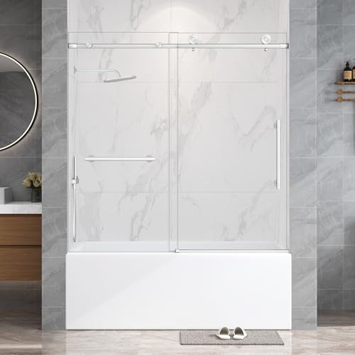 Frameless Tub Sliding Door,5/16 (8mm) Bathtub Shower Door with Soft-Close & Anti-Leak,Nano Coating Anti-Explosion Film SGCC Tempered Glass 55-60 W x 60 H,Brushed Nickel