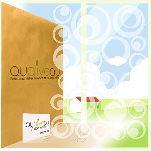 QUALIVEAU® 22 Retro Kreise Aufkleber zum Schutz vor Vogelschlag | Komplett – Set mit Verklebehilfe | Farbe: Milchglasfolie