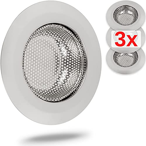 Abflusssieb aus Edelstahl, 3 Stück, Ø 55 mm außen, 37 mm innen, ragt 15 mm in Ausguss, Ablaufsieb für Küchenspüle, Waschbecken, Duschwanne, Badewanne, Haarsieb und Essensreste Sieb, Haarfilter Korb