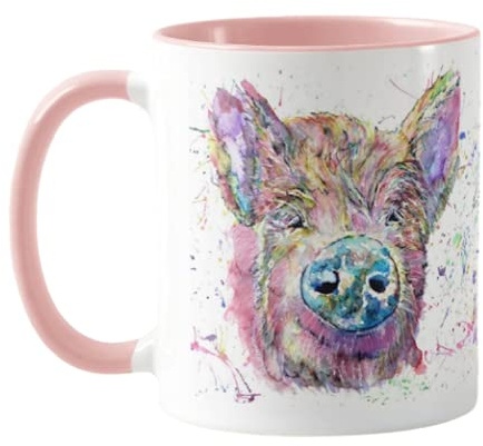 Vixar Pig Farm Animal Watercolour Rainbow Art Coloured Mug Cup, Gift, Birthday, Work, Office, Christmas Tea Coffee (Pink)