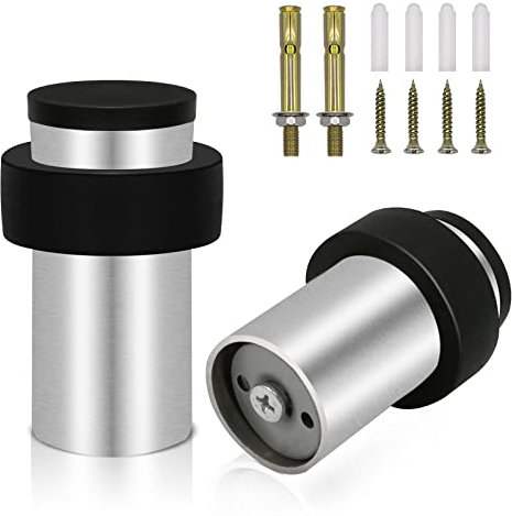 TOKPLNU Door Stop, Cylindrical Stoppers Floor Wall Mounted Heavy Duty Stopper Stainless Steel Commercial Stops Sound Dampening Rubber Doorstop Protector 64mm 2Pack,