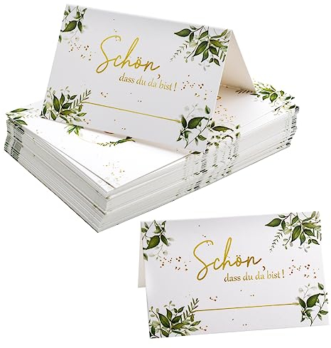 50 Stück Eukalyptus Tischkarten Premium Platzkarten für Geburtstag Hochzeit Konfirmation Kommunion, Namenskarten Namensschilder Hochzeit Tischkärtchen Sitzkarten mit Text Schön Dass Du Da Bist