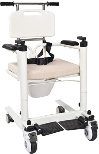 Silla Ruedas para Mayores Multifuncional 4 en 1 Regulable en Altura, Silla de WC con Ruedas para Discapacitados, Silla de Ducha con Orinal, Reposapiés Abatibles