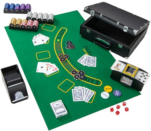 HOMASIS Set da Poker, Valigetta Poker Professionale con Mazzi di Carte, 5 Dadi, Bottone del Dealer, Tappetino, Miscelatore e Dealer, Set di Fiches da Gioco per Texas Holdem (Modello 1)