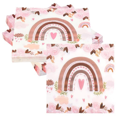 RAFIYU 60uds Servilletas Papel para decoracion de mesa, Cumpleaños, Bodas, Bautizos, Comuniones.Servilletas Papel decoradas flores rosas y motivos arcoiris, perfectas para las Niñas(33 x 33 cm)
