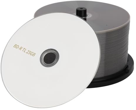 MAWFOZIN BD-R BDR 25GB Single Layer Blue Blu-ray Recordable Media Disc Upto 6X with 50 Pack White Inkjet Hub Printable Blank Data Recordable Media Disc with Cakebox/Spindle Packing