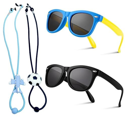SSKHE 2 Stück Sonnenbrille Kinder Polarisiert mit verstellbarem Band für Jungen und Mädchen, Strand, Schule, Einkaufen, Party Dekorationen, Schwarz+Bla