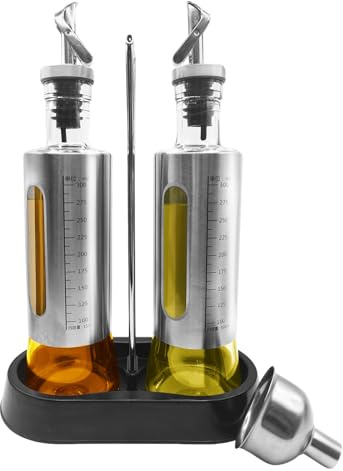 10oz/300 ml Olive Oil Dispenser Bottle, 2 Pack Glass Oil and Vinegar Dispenser Set with Tray, Vinegar and Sauce Bottle Wrapped in Stainless Steel Shell with Pourer and Funnel for Kitchen Cooking