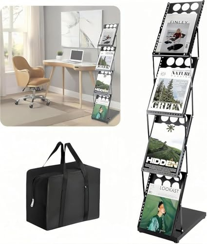 WUDLEP A4 Magazine Brochure Display Stand, 4 Pockets Folding Magazine Rack with Carrying Bag, Black Book Literature Floor Display Stand for Office, Trade Show, Exhibitions