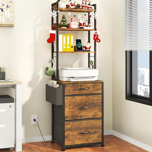 GYIIYUO 3 Drawer Tall 69''H File Cabinet with Charging Station, 4-Tier Filing Cabinet with Adjustable Shelf, Fabric Drawer, Printer Stand for Home Office, Fits A4/Letter/Legal, Rustic Brown