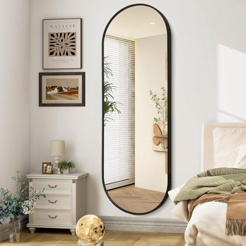 JJUUYOU Espejos de pared de baño de longitud completa para pared, espejo ovalado con marco de metal negro, 120 x 45 cm, espejo mate para dormitorio, casa de campo, vidrio templado antioxidante, se