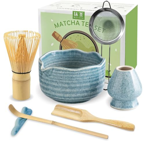JBER Matcha Kit 7 Pezzi - Frullino Matcha in bambù, Ciotola Matcha con beccuccio, Filtro, Supporto per Frullino, Cucchiaio e supporto, Set Matcha Giapponese per Amanti del Matcha (Blu)