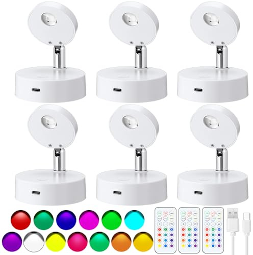 Kittmip 6 Pieces 13 Color Rechargeable RGB Spot Light with Remote Indoor LED Picture Spotlight, Rotatable Head, Stick on Wall Hallway for Painting Picture Plants Artwork Closet