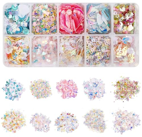 SUNNYCLUE 1 låda 60 g 10 stilar paljetter blandade paljetter bulk söt färgglad plast platt form PVC konst lös sömnad prydnad spangles för hantverk smyckestillverkning bröllop gör-det-själv tillbehör