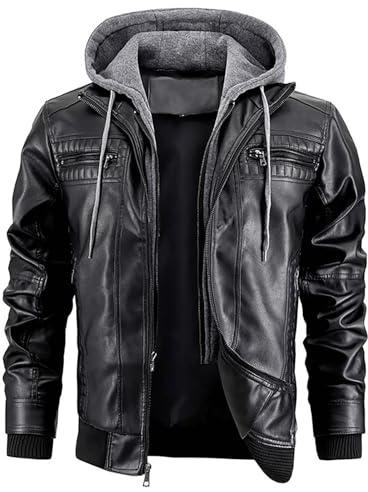 YOSUWOAI Giacca in pelle da uomo, calda giacca in similpelle con cappuccio, vintage, per autunno e inverno, spessa, antivento, da motociclista, con chiusura lampo, O nero., L