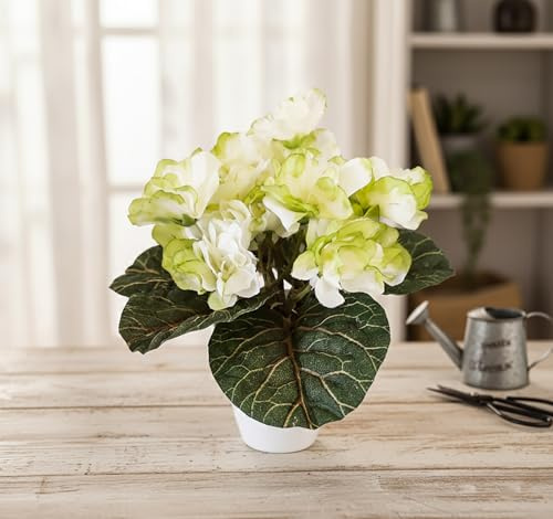 6 Green & White Artificial Miniature African Violet – Faux Potted Plant in Ceramic Pot for Home & Office Decor